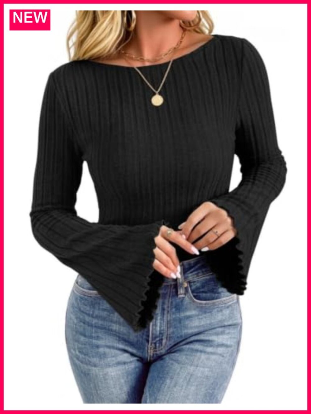 Women's Bell Sleeve Boat Neck Sweater Long Sleeve Knit Top Fall Shirt